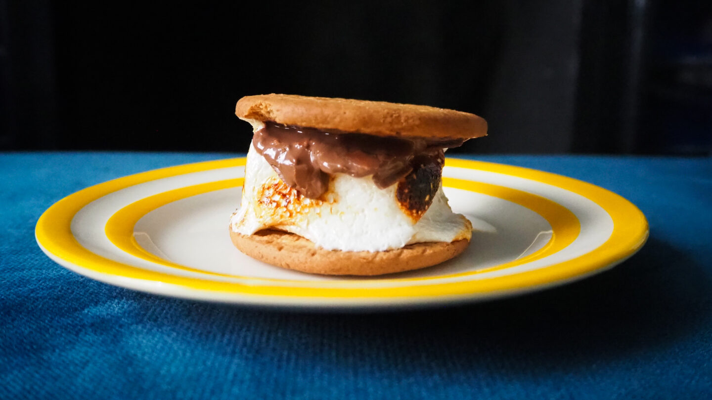 S'mores made from Digestive Biscuits on a yellow striped plate