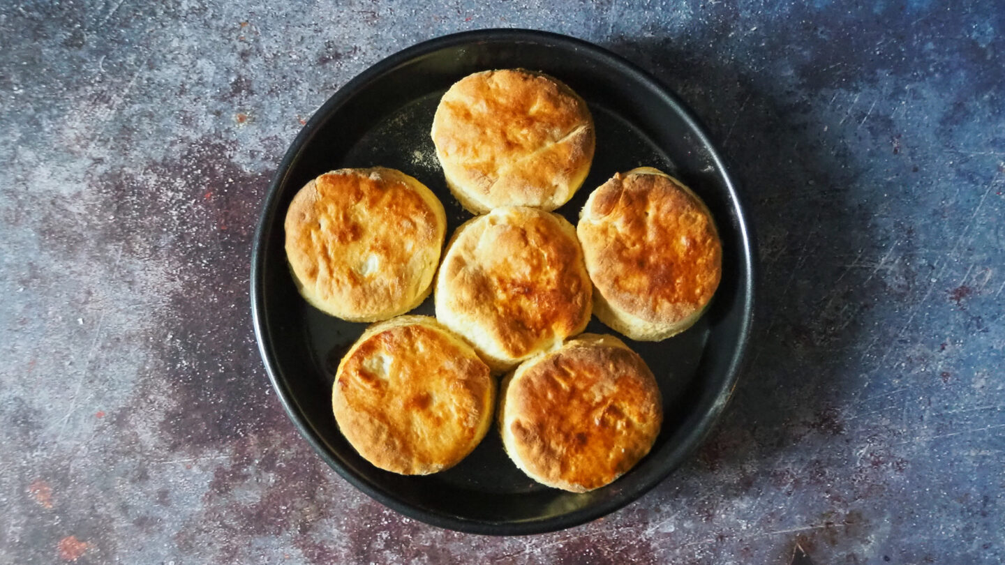Homemade Biscuits in a circular baking tin