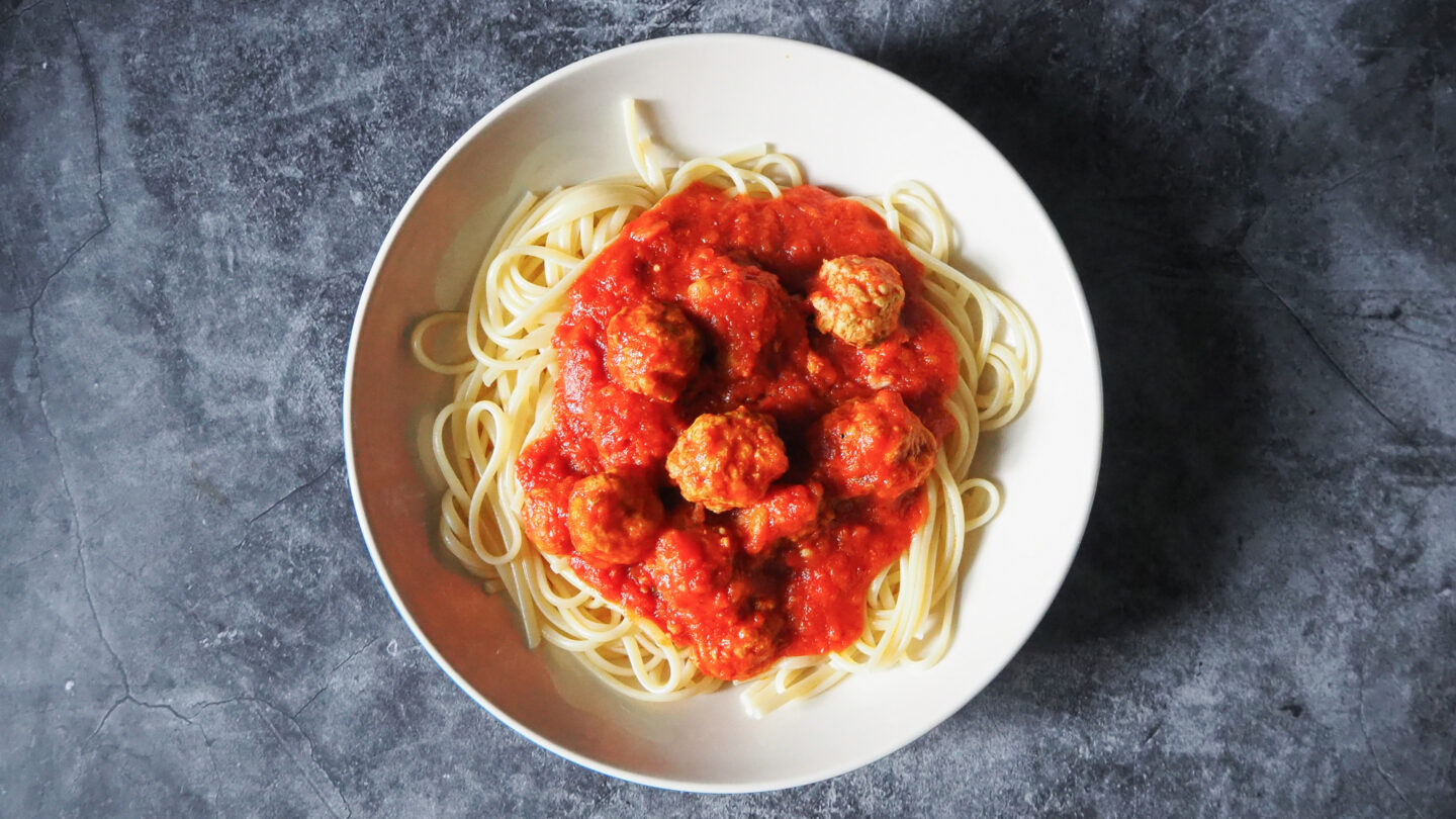 Chicken Meatballs in Tomato Sauce on a Bed of Spaghetti