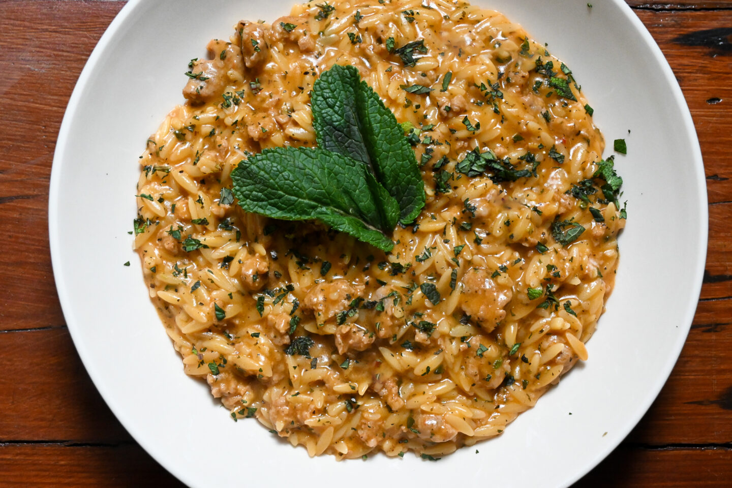 Bowl of Sausage, Lemon & Mint Orzo garnished with fresh mint leaves.