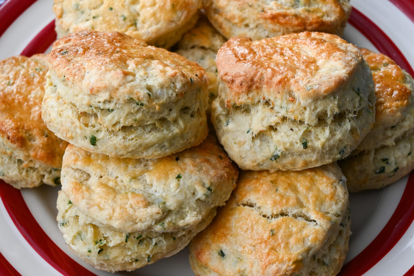 Scones photographed from the side to show the layers