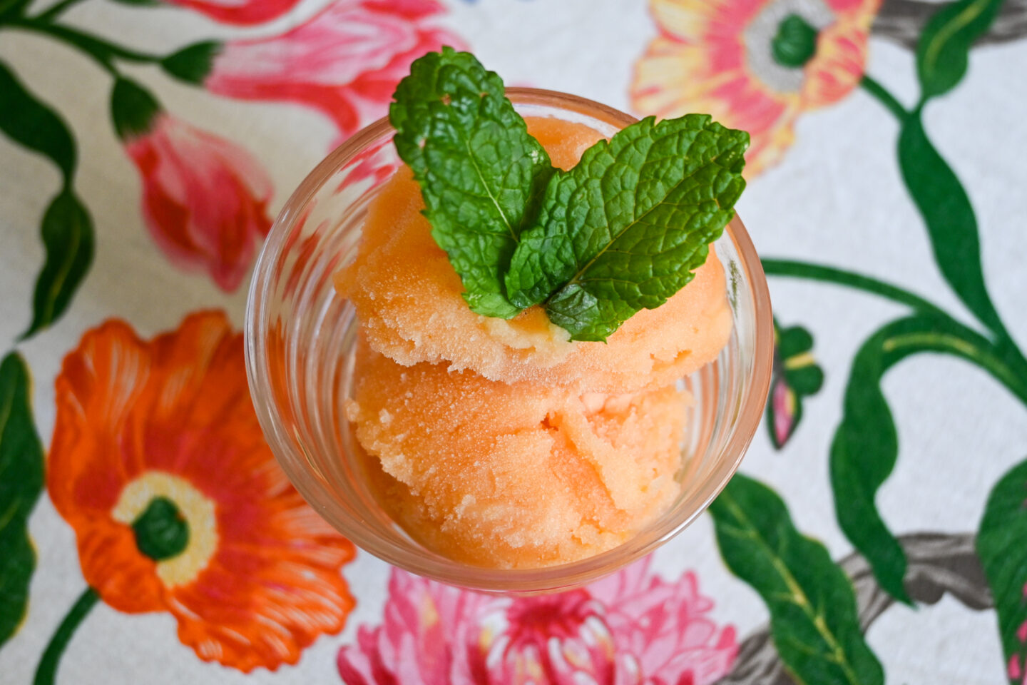 Top shot of grapefruit & prosecco sorbet with a mint leaf garnish on a floral table cloth