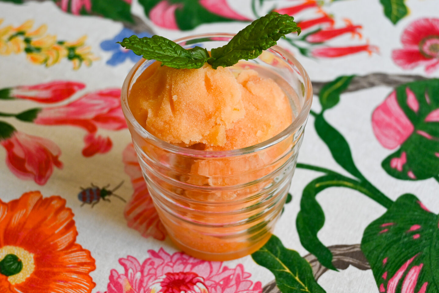 grapefruit & prosecco sorbet with a mint leaf garnish on a floral table cloth