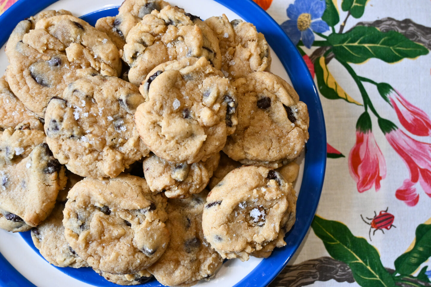 Chocolate Chip Cookies topped with sea salt flakes on a blue & white striped plate sitting on a floral tablecloth