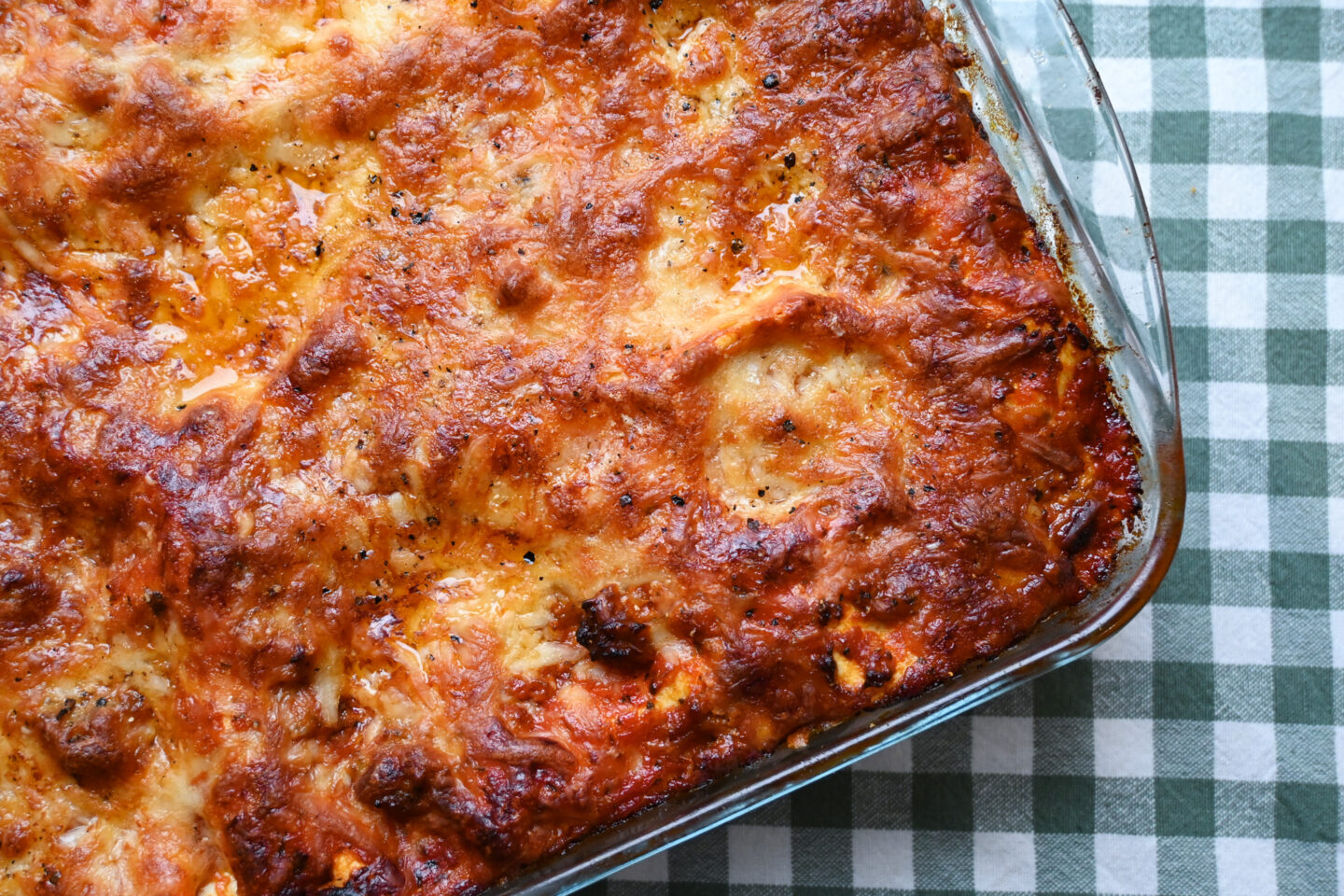 Glass baking dish of Sausage & Mint Lasagna