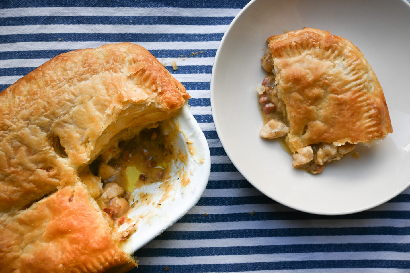 Inside shot of Chicken & Pancetta Pie next to a slice served on a white plate